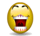 Yellow circular emoji with closed eyes, wide open mouth showing red interior and white teeth, some frames have blue sweat drops near the head.