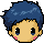 Pixel art head with blue hair, yellow skin, pink cheeks, and black eyes showing three expressions: open-eyed neutral, closed-eye smiling, and winking.