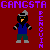 Pixelated character with black face, yellow eyes, orange beak-like nose, gray cap, blue shirt, green pants, and gray shoes on red background with purple text.