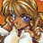 Anime-style character with curly blonde hair and purple eyes, wearing a white top with red accents, positioned next to black background with white text.