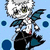 Pixelated character with white hair and green eyes, wearing white shirt and black pants, blue wings, red chest mark, standing against light blue background with dark blue dots.