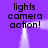 Purple background with repeated 'lights camera action!' text and white light beams forming a rectangular frame.