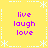 Yellow background with white dotted and dashed border elements, four identical purple text blocks reading live laugh love arranged in a