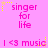 A static image with a pink background displays repeated text elements including "singer for life" and "I <3 music" in magenta, accompanied by yellow star-like symbols.