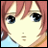 Pixelated anime-style character with pink hair and blue eyes, next to stylized text on a black background.