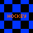 Blue and black checkered pattern with orange text 'HOCKEY' in four positions, transitioning from to diamond layout