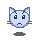 Pixelated blue cat face with pink cheeks, black whiskers, and a downturned mouth on gray background.