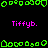 Green pixelated shapes and pink text 'Tiffyb.' repeated on a black background with a gray rectangle in the bottom right.