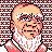 Pixelated static icon of a bald elderly man with white beard and mustache, wearing red clothing against black-and-white checkered background.