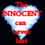 Pixelated heart-shaped icon with red text reading 'The INNOCENT COM DEPT' on a white and blue gradient background against black.