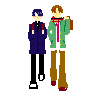 Two pixel-art figures in school uniforms stand side-by-side, one in dark blue with black pants, the other in green with brown pants, showing sequential pose and expression changes.