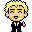 Pixelated character with blonde hair and black suit displays three distinct facial expressions across three