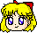 Pixelated cartoon head with blonde hair, red bow, and blue eyes showing multiple facial expressions against green background.