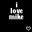 Black background displays repeated white pixelated text "i love mike" with small heart symbols in a pattern, some hearts change shape between frames