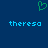 Green pixelated heart symbol above two instances of the name 'theresa' in light blue text on a dark blue background.