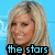 Pixelated image of a smiling woman with blonde hair, text "the stars" below, blue background with white stars.