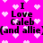A bright pink background with scattered white pixelated hearts and repeated black text reading "I Love Caleb (and allie)" in a pattern