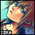 Pixelated anime-style character with light skin and blue eyes, wearing a dark blue outfit against a gradient background of cyan and maroon.
