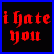 Two side-by-side pixelated text frames on black backgrounds with blue borders, displaying contrasting emotional phrases in red serif font.