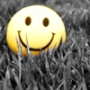 A bright yellow circular smiley face icon with brown eyes and a black curved mouth, set against a grayscale background of tangled branches.