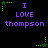 Purple text reading "I LOVE thompson" on black background with green star-shaped pixel elements in four corners.
