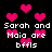 Pixelated pink hearts float over repeated white text reading "Sarah and Maia are bfils" on a black background.