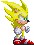 Pixelated character with spiky yellow hair, green eyes, and red shoes in two side-by-side poses against gray background.