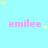 Light blue background with pink text 'emilee' repeated in a , scattered yellow and light blue stars, and a gray rectangle in the bottom right corner
