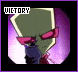 Animated sequence of a green-skinned cartoon character with pink eyes and dark clothing against a purple gradient background, displaying text overlays.