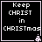 Four identical black square with white pixelated text reading "Keep CHRIST in CHRISTmas" and small white snowflake symbols at bottom-right corners