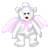 Pixelated white teddy bear with angel wings, halo, and pink bow tie against gray background.