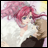 Pixelated anime-style character with pink hair and blue eyes, wearing white and brown clothing, positioned next to black background with white text.