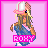 A 4-frame pixel art contact sheet of AIM buddy icons featuring three named characters and one text-only icon, all with pink backgrounds and borders.