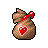 Brown pixelated sack with red heart symbol on front, tied with red ribbon bow at top against gray background.