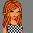 Pixel art buddy icon featuring a cartoon woman with long orange hair and blue eyes, wearing a black-and-white checkered top against a gray background with large white letters P, U, N, K.