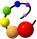 Pixelated circular arrangement of colored spheres connected by black lines, transitioning between two distinct color configurations.