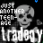 Pixelated black-and-white icon with repeating text and skull motifs, featuring 'JUST ANOTHER TEEN-AGE' above each skull and 'tragegy' below in a distorted font.