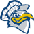Pixelated blue and white abstract shape with a yellow curved element, resembling a stylized bird or mascot head with a beak.