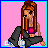 A 5x5 contact sheet of pixel art frames showing a cartoon character with long brown hair and pink top in various poses, accompanied by text phrases like "I'm blonde" and "what's your excuse?" on pink backgrounds.