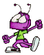 Purple cartoon character with antennae, green shirt, purple pants, and white sneakers in four sequential poses showing running motion.