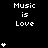 Black background with white pixelated text "Music is Love" repeated across the and multiple of small white heart symbols in vertical
