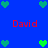 Blue background with red text "David" and green heart icons in pixelated style.