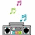 Pixelated image of a gray boombox with black speakers, floating musical notes above it, and text reading "My music Is Where I'd Like You To Touch."