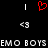 Red heart symbol flanked by white vertical lines above pixelated '<3' symbols and 'EMO BOYS EMO BOYS' text on black background.