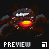Pixel art creature with dark blue and brown limbs, glowing orange core, white jagged mouth, red accents on a black background.