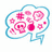 A pixelated speech bubble with a light blue outline contains pink floral patterns and two distinct Chinese characters.
