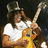 Pixelated image of a person playing electric guitar with orange background and yellow text.