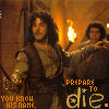 A pixelated scene shows two figures in a dimly lit, torch-lit interior with one figure holding a sword and the other embracing them, accompanied by text reading "YOU KNOW HIS NAME." and "PREPARE TO die.".