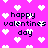 Pixelated pink background with white heart shapes and black text reading "happy valentines day" in multiple positions.