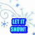 Pixelated holiday scene with snowman, Christmas tree, and 'LET IT SNOW!' text on white background.